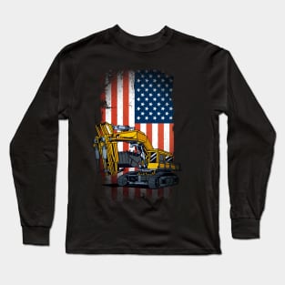 Funny Excavator Heavy Machinery US Flag Long Sleeve T-Shirt